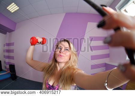 Selfie Young Blonde Blogger Girl Zumba Trainer Wears Black Mask During Pandemic Leads Training Sessi