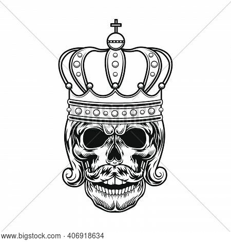 Skull Of Monarch Vector Illustration. Head Of King Or Tsar With Beard, Royal Hairdo And Crown. Autho