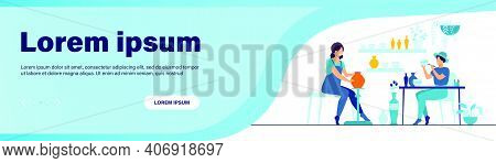 Smiling Female Artists Creating Ceramic Vase From Clay Isolated Flat Vector Illustration. Cartoon Ce