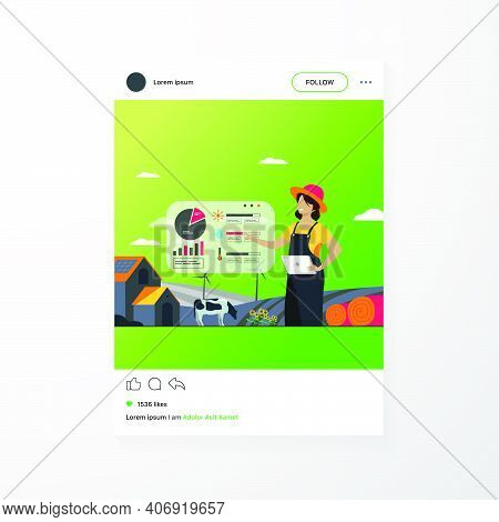 Happy Female Farmer Working On Farm To Feed Population Flat Vector Illustration. Cartoon Farm With A