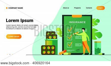 Health Insurance Agreement. Man Studying Insurance List Among Medical Drugs And Hospital Pills. Can 