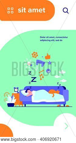 Young Man Sleeping On Sofa With Cat Isolated Flat Vector Illustration. Cartoon Character Dreaming Un
