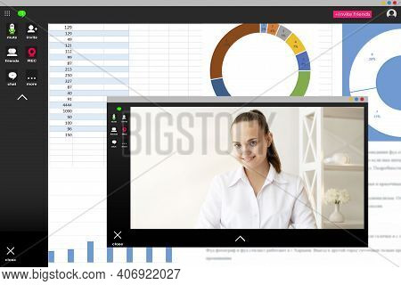 Video Conference. Online Meeting. Remote Work. Business Webinar. Screenshot Of Cheerful Female Leade