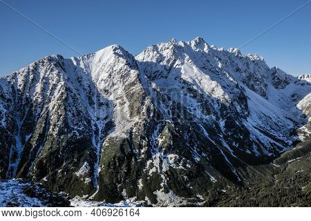 Mengusovska Valley And Peaks From Ostrva, High Tatra Mountains, Slovak Republic. Hiking Theme.