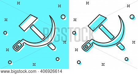 Black Line Hammer And Sickle Ussr Icon Isolated On Green And White Background. Symbol Soviet Union. 