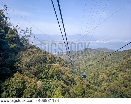 Miyajima, Japan - April 10, 2018: Cable Car To Mount Misen, Height 535 Meters, Miyajima Island. Cabl
