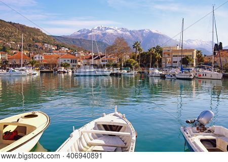 Beautiful Winter Mediterranean Landscape. Montenegro, Tivat City. View Of Marina Kalimanj
