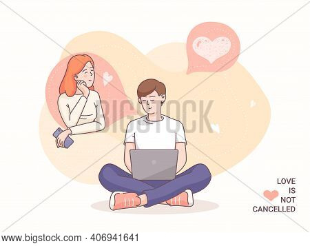 Valentines Day Concept Illustration. Distant Couple In Love Online Date During Covid-19 Pandemic. Yo