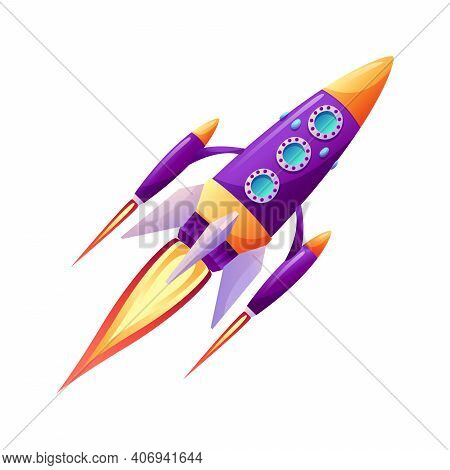 Space Ship Launch Rocket With Fire Trace At Startup Isolated Cartoon Icon. Vector Spacecraft Liftoff