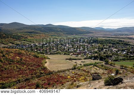 Hungarian Landscape And Hills With Village, Farmland And Fields From Boldogkovaralja Castle In Hunga