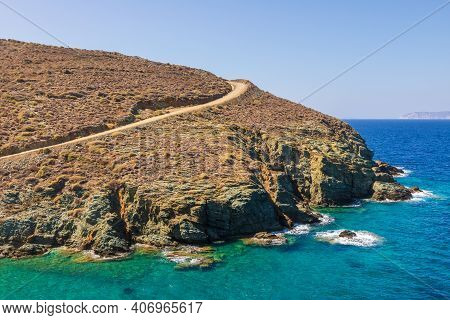 View Of The Coast . Gravel Road To The Ligaria Beach Of The Island Of Folegandros. Aegean Sea, Cycla