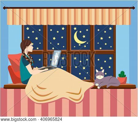 A Woman Works At A Laptop While Sitting On The Windowsill At Home. Freelance Concept, Quarantine Due