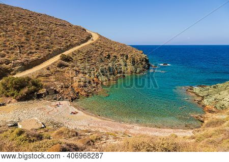Folegandros Island, Greece - 25 September 2020: View Of The Coast And Ligaria Beach Of The Island Of
