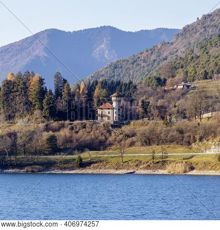 Molina Di Ledro, Italy - November 29 2020: Beautiful View Of The Villa Dianella Il Castello On Lake 
