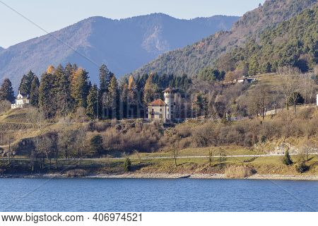 Molina Di Ledro, Italy - November 29 2020: Beautiful View Of The Villa Dianella Il Castello On Lake 