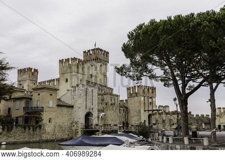 Sirmione, Italy - December 20 2020: A Fortress From The Scaligera Era, The Access Point To The Histo