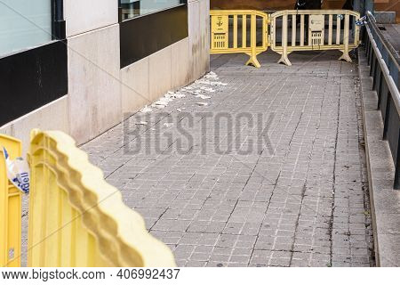 Sabadell - Catalonia, Spain - February 7th Of 2021: Closed Access To Carrer Del Pedregar And Rubble 