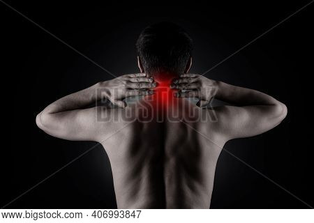 Neck Pain, Man With Backache On Black Background