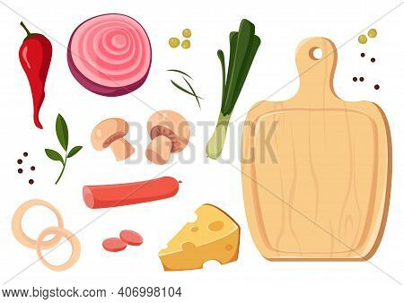 Food Illustration, Wooden Board, Cheese, Sausage, Vegetables, Onion, Vector Clipart On A White Backg