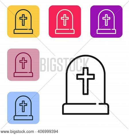 Black Line Tombstone With Cross Icon Isolated On White Background. Grave Icon. Happy Halloween Party