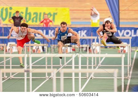 VIENNA, AUSTRIA - JANUARY 29 Gianni Frankis (#217 Great Britain) wins the men's 60m hurdles event on January 29, 2013 in Vienna, Austria.
