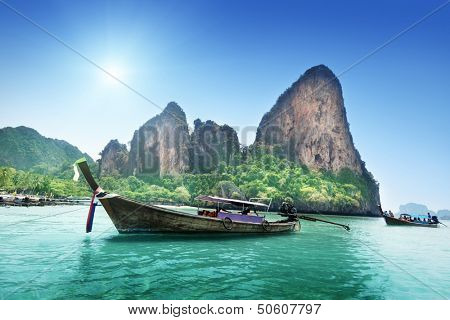 boats on Railay beach in Krabi Thailand 