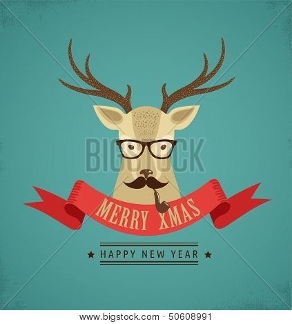 Christmas background and greeting card with hipster deer