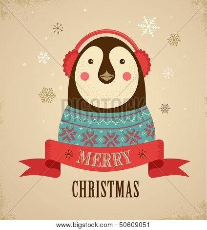 Christmas background and greeting card with hipster penguin