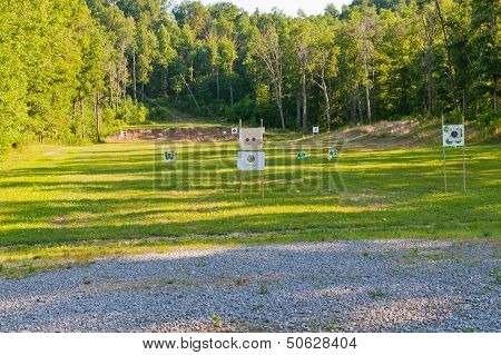 Outdoor Shooting Range  With Targets At Different Distances.