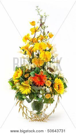 Bouquet Of Sunflower And Vanda In Glass Vase