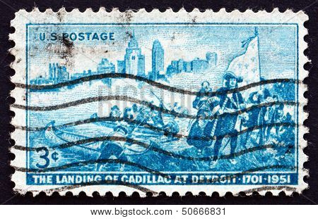 Postage Stamp Usa 1951 Detroit Skyline And Cadillac Landing