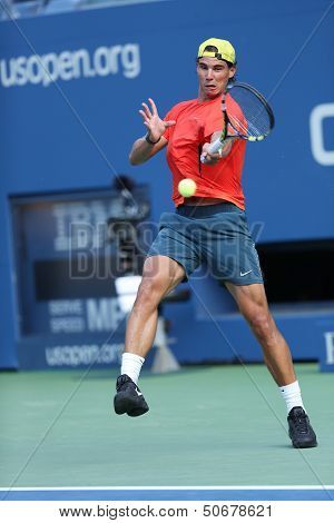 Twelve times Grand Slam champion Rafael Nadal practices for US Open 2013 at Arthur Ashe Stadium