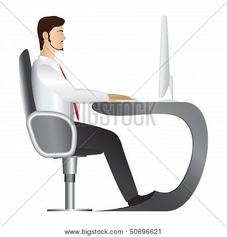 Man Working At Computer. Vector