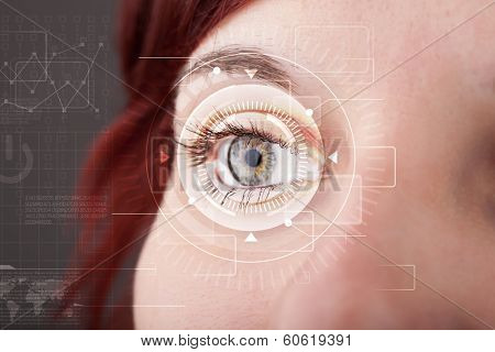 Modern cyber girl with technolgy eye looking