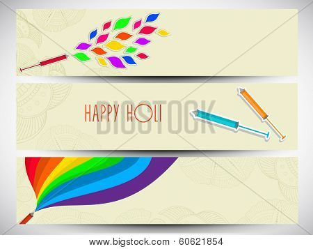 Beautiful header or banner set design with beautiful colo9urs splash coming out from pichkari on grey background.
