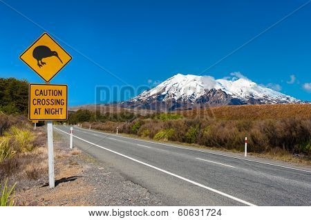 Kiwi sign near the road leading to the volcano Mt. Ruapehu, national park Tongariro. New Zealand.  