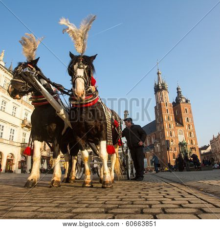 KRAKOW, POLAND - FEB 26, 2014: Carriages at Main Market Square. It dates to the 13th century, and at roughly 40,000 m it is the largest medieval town square in Europe.