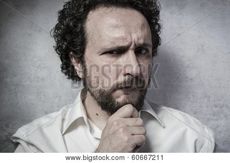 decisionmaking, man in white shirt with funny expressions