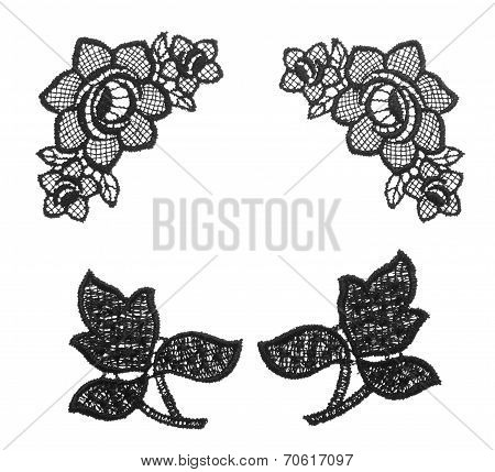 Embroidered Lace Trim Over White. Fabric Texture Set . Close Up