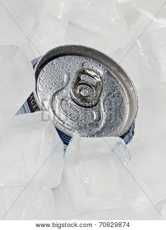 Full can beer or soda with drops of condensation.