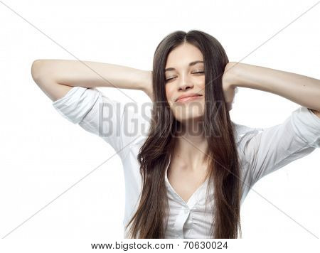 closeup portrait of attractive  caucasian smiling woman brunette isolated on white studio shot lips toothy smile face hair head and shoulders eyes closed ears closed by hands businesswoman