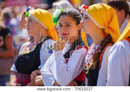ODESSA, UKRAINE - August 23: Flash mob in city of Odessa on Potemkin Stairs on August 23, 2014, in day of a national flag of Ukraine. Happy participants of summer Flash mob 