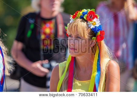 ODESSA, UKRAINE - August 23: Flash mob in city of Odessa on Potemkin Stairs on August 23, 2014, in day of a national flag of Ukraine. Happy participants of summer Flash mob/