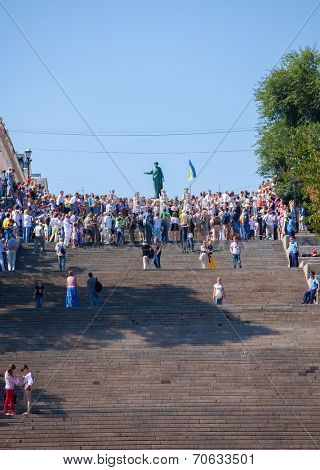 ODESSA, UKRAINE - August 23: Flash mob in  city of Odessa on Potemkin Stairs on August 23, 2014, in day of a national flag of Ukraine.