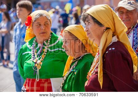 ODESSA, UKRAINE - August 23: Flash mob in city of Odessa on Potemkin Stairs on August 23, 2014, in day of a national flag of Ukraine. Happy participants of summer Flash mob 