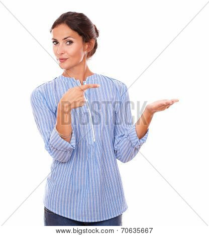 Single Latin Lady Holding Her Left Palm Up