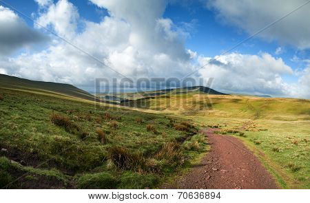 Beautiful Landscape Of Brecon Beacons National Park With Moody Sky