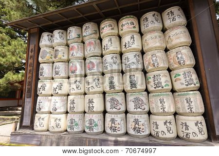 KYOTO, JAPAN - APRIL 19th : Dedicated all kinds of Sake to Fushimi-Inari in Heian Jingu Shrine., Kyoto,  Japan. on 19th April 2014.