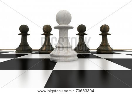 White pawn in front of black pawns on white background
