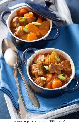 beef stew with potato and carrot in blue pots 